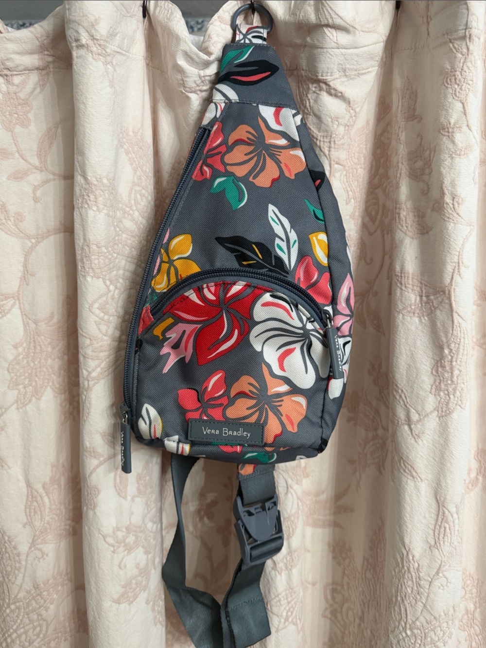 Vera Bradley Gray Floral Crossbody Sling Bag with Multicolor Blooms